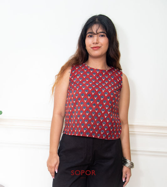 Inara : Red Ajrakh Sleeveless Top