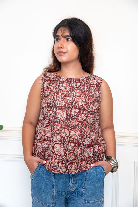 Zaira - Red / Beige Pedana Kalamkari Cotton Boxy Top