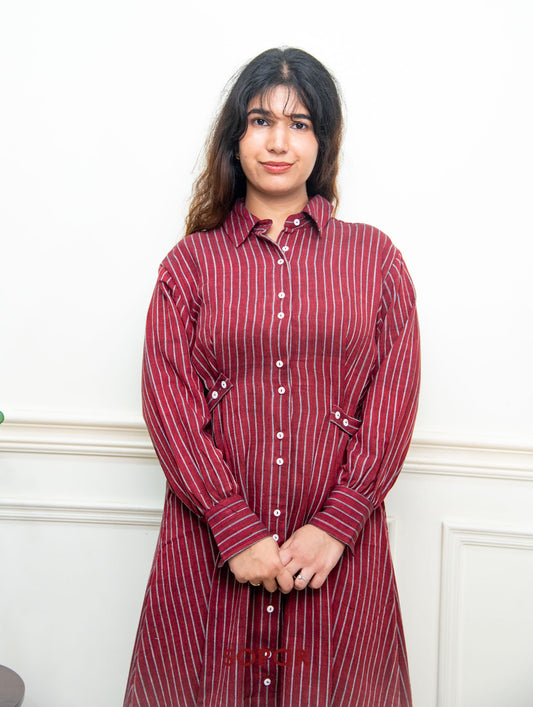 Hazel : Madder Red / Grey Striped Kotpad Cotton Long Shirt Dress