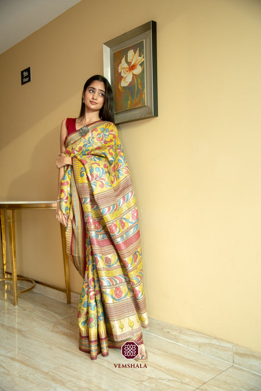 Mustard Yellow Pen Kalamkari Karvati Kinar Tussar Silk Saree : Sahara