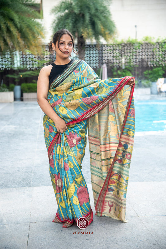 Blue Pichwai Inspired  Pen Kalamkari Karvati Kinar Tussar Silk Saree : Pragya