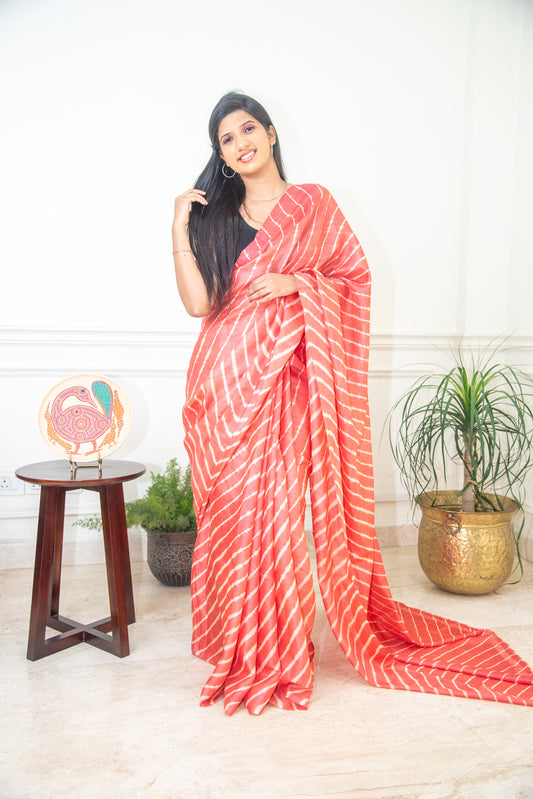 Watermelon / Ecru Leheriya Silk Saree : Tripti