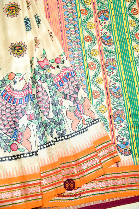 Madhubani Hand Painting Karvati Kinar Tussar Silk Saree : Mina