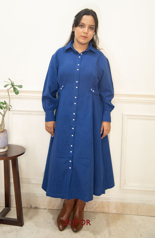 Sapphira : Luminous Blue Handloom Cotton Long Shirt Dress