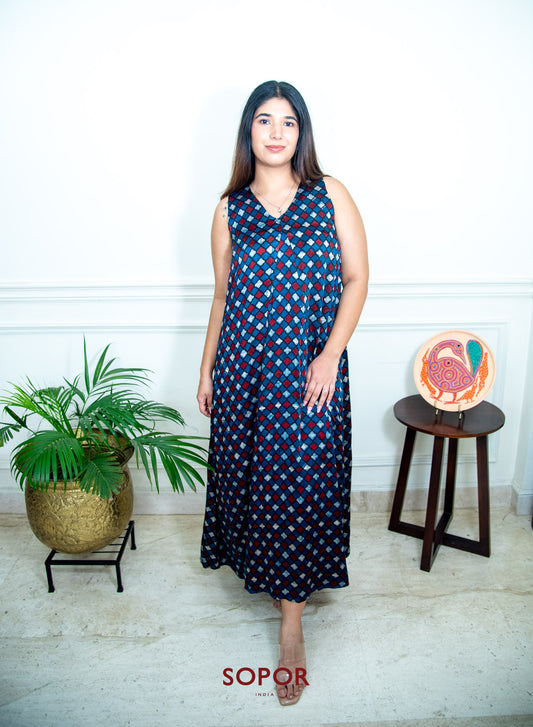 Helen : Blue / Red / Ecru Long Godet Dress